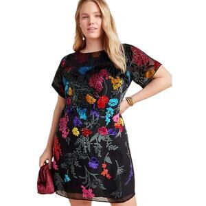 Maeve Anthropologie Alisa Floral Burnout Velvet & Silk Mini Tee Dress Black 12